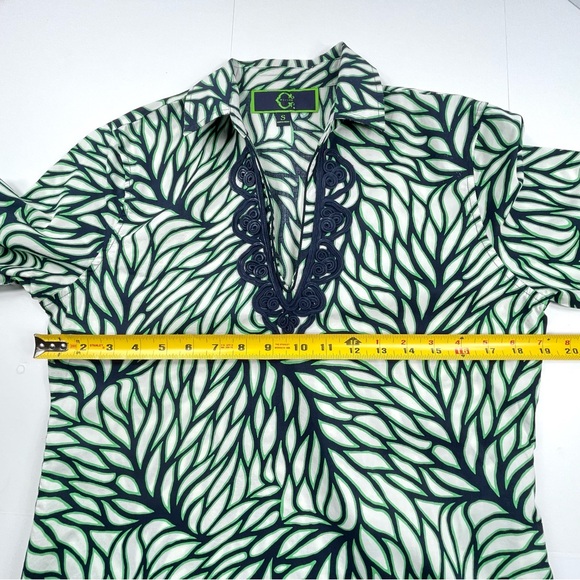 C. WONDER Womens Green Leaf Print Tunic Top Navy Blue Rope Scroll Detail Size Sm - Picture 7 of 9